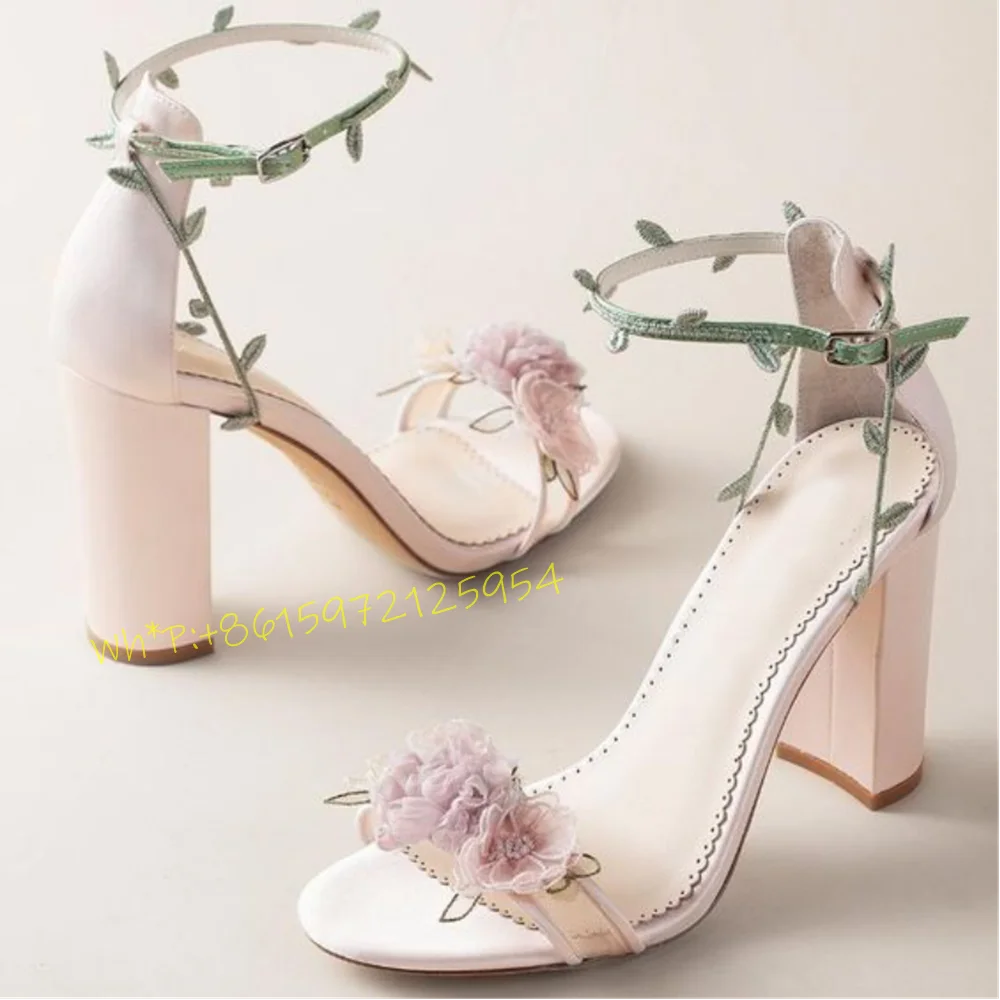 Wedding Fx - Purple Flowers Thick Heel Sandals Women